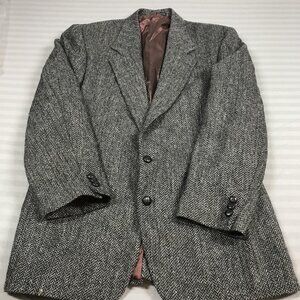 Harris Tweed Blazer Mens 42 Long Gray Herringbone Wool Sport Coat Made Scotland